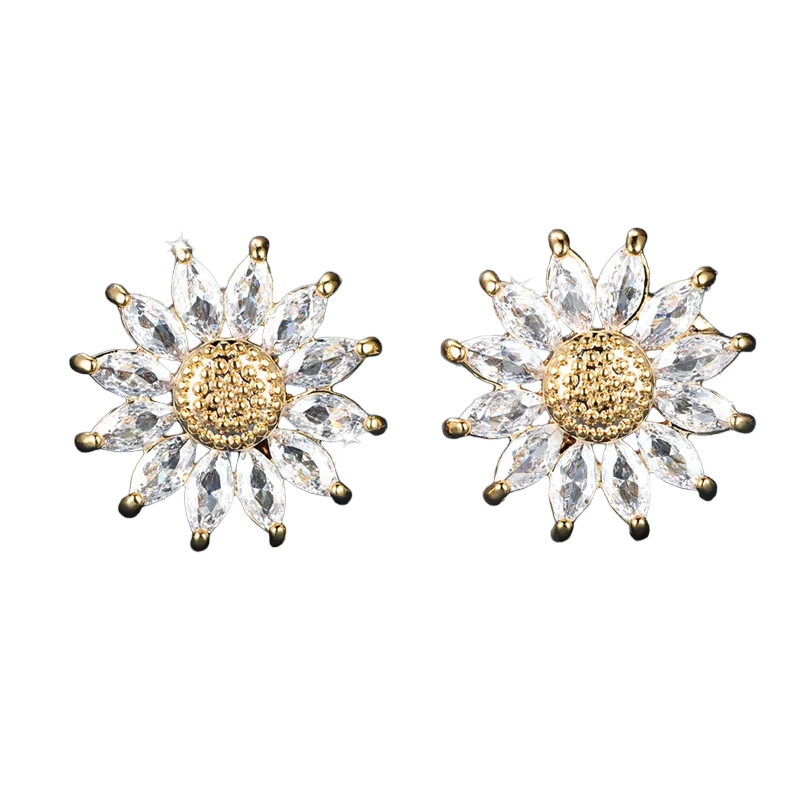 ¡Oferta! Pendientes de girasol con cristales bañados en oro de 18 kt - Exclusivos 