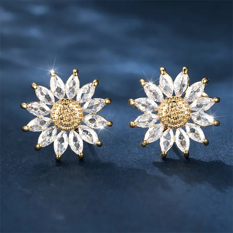 ¡Oferta! Pendientes de girasol con cristales bañados en oro de 18 kt - Exclusivos 