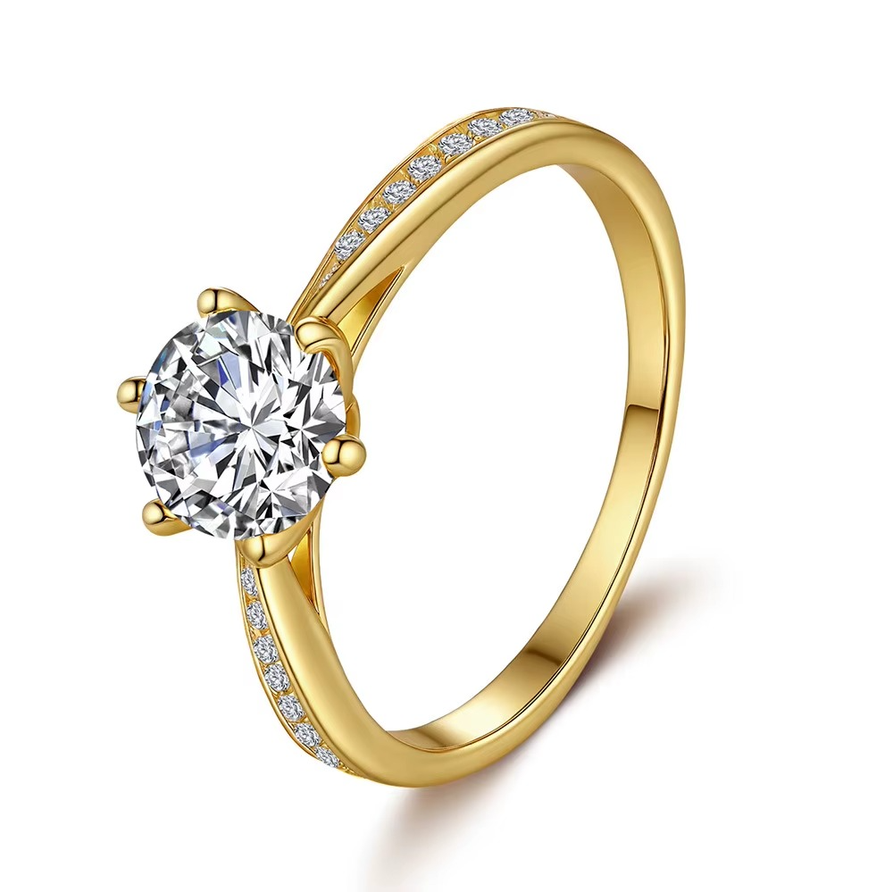 1ct Moissanite Diamond Ring, 18k Gold Plated Silver, Certified